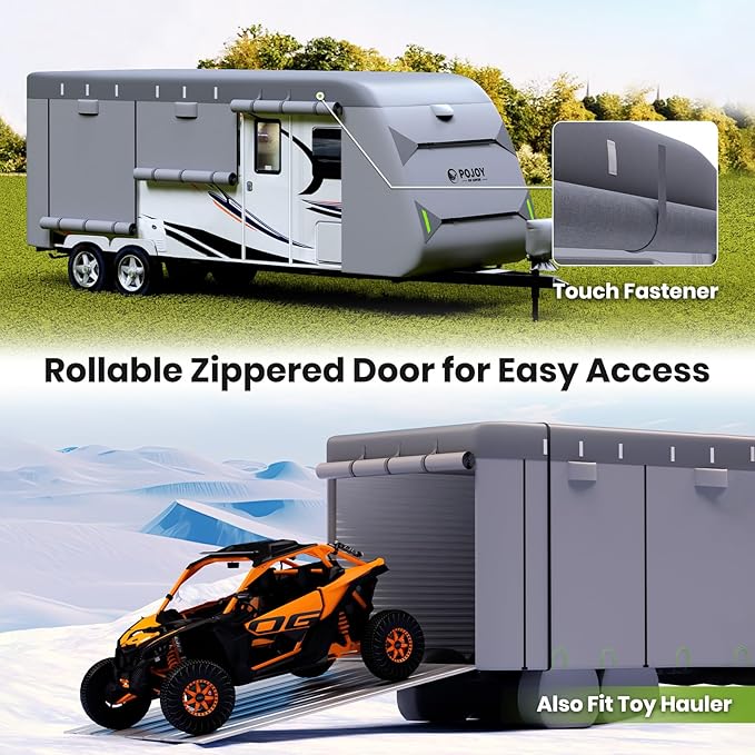 Waterproof Windproof RV Travel Trailer Cover, Anti-Rip Anti-UV 600D Oxford Fabric Camper Cover - with Tongue Jack Cover, Tire Covers, Gutter Covers, for 34'1"-37'