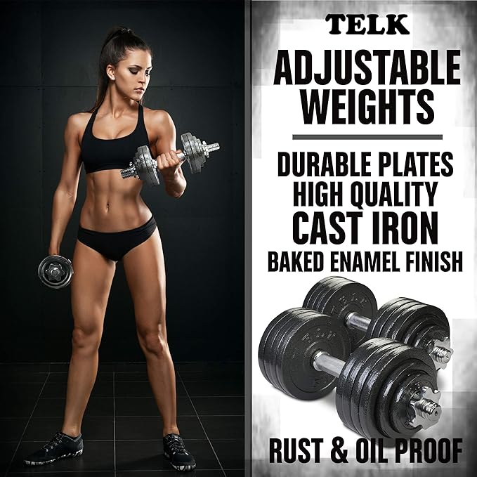 TELK – Adjustable Dumbbell Set – Home Gym Weight Set with Baked Enamel Cast Iron Plates – Space-Saving Free Weights for Strength Training
