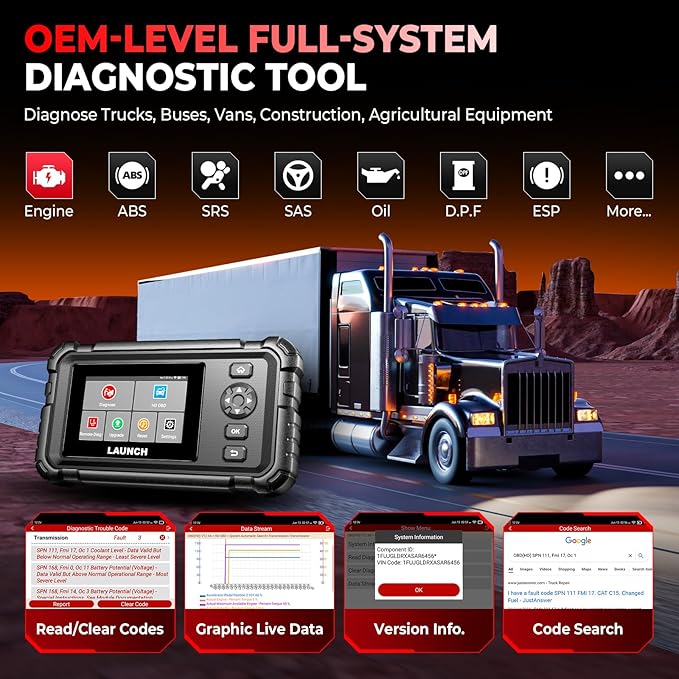 Launch CRP129 HD Heavy Duty Truck Scanner, 2025 Full System Diesel Scanner with Speed Limit Adjust Reset, D.P.F Regen, Oil Reset for Commercial Vehicles, Cummins, Detroit, International Paccar