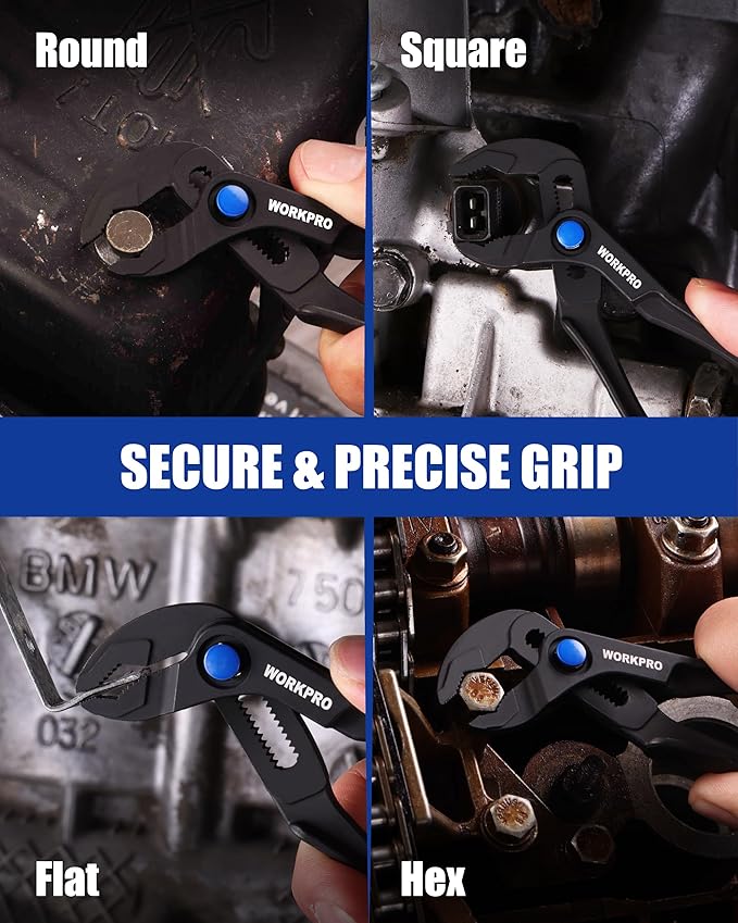 WORKPRO Mini Water Pump Pliers, 4-Inch Groove Joint Pliers, Fast Adjustable Tongue and Groove Pliers with 15-Position Push-Lock, V-Jaw for Multi-Surface Grip, Ideal for Tight Spaces and Versatile Use