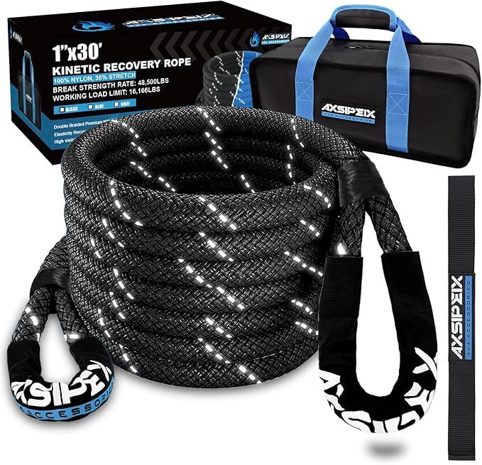 Kinetic Recovery Rope (Reflective) | 1in x 30ft 48,500Lbs Heavy Duty, 35% Elasticity Tow Rope - Offroad Snatch Strap for 4x4 Truck SUV UTV ATV Jeep