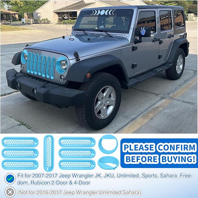 Nilight Grill Inserts fit for Jeep Wrangler Front Grille Mesh Inserts & Headlight Cover Set for JK JKU Unlimited Sports Sahara Freedom Rubicon 2007-2018 Clip-in Trim Exterior Accessories Blue 9 Pcs