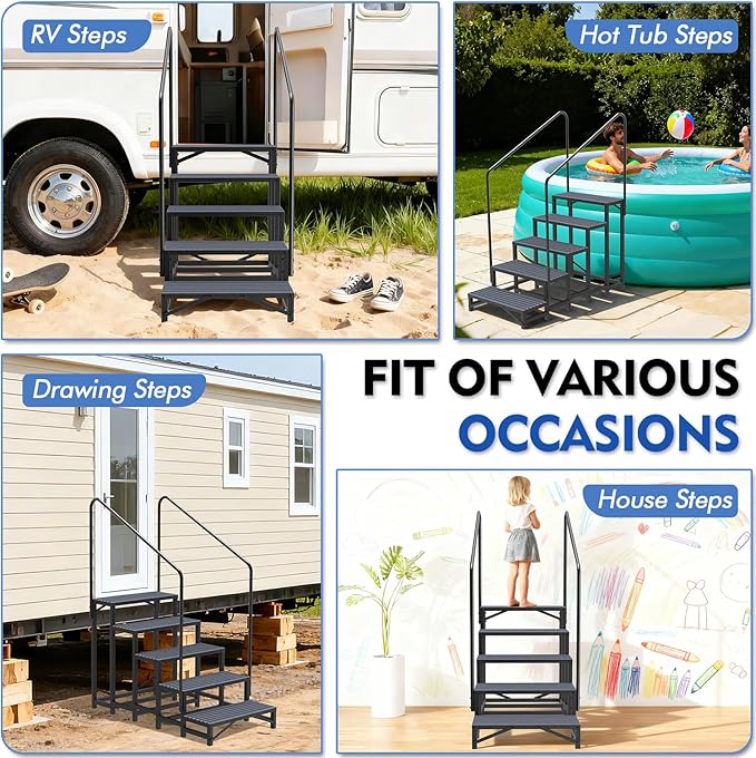 5-Step RV Steps with Dual Handrails, Heavy-Duty Mobile Home Steps, 660 lbs Load Capacity, RV Stairs for Camper, Hot Tub, Trailer & Porch with Non-Slip Mats