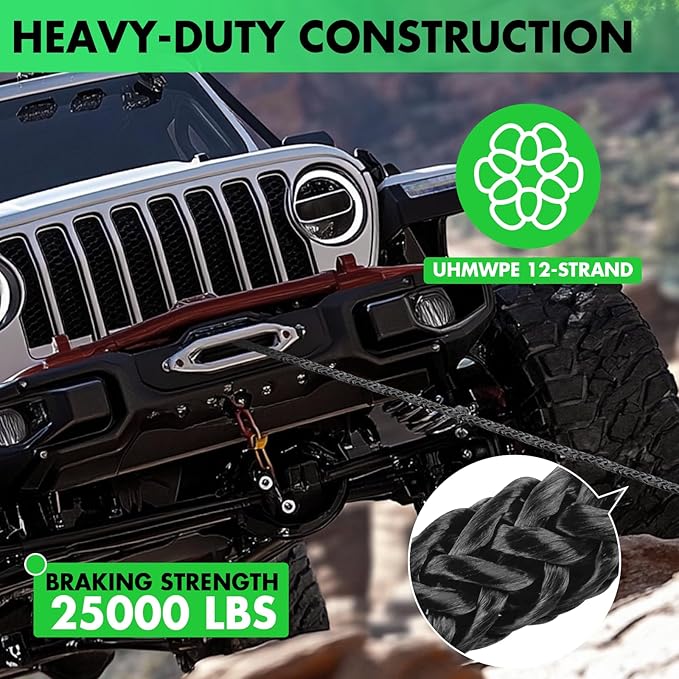 Synthetic Winch Rope, 3/8'' x 85ft 25,000LBS Synthetic Winch Line 3/8 Winch Cable Replacement Synthetic Rope with Forged Winch Hook for 4WD Off Road Vehicle SUV Truck(Black)