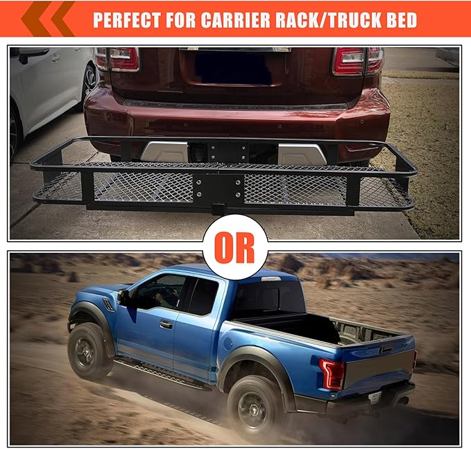 MeeFar Hitch Mount Cargo Carrier Bag Soft Shell 100% Waterproof 15 Cubic Feet (58" 24" 19") Include 8 Reinforced Straps for Truck Pickup All Vehicle with Steel Cargo Basket