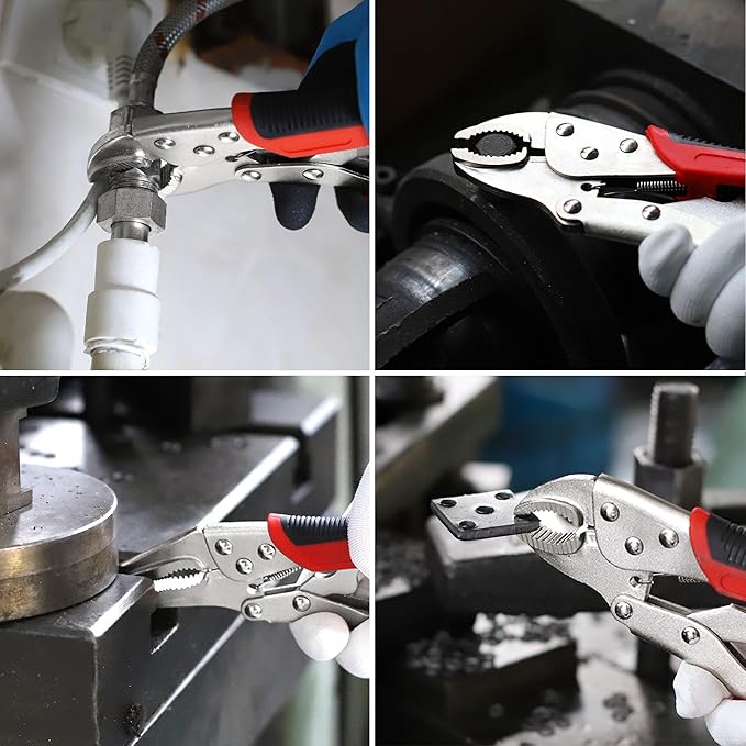 FASTPRO 4-Piece Locking Pliers Set with Heavy Duty Grip, 5", 7" and 10" Curved Jaw, 6-1/2" Long Nose Locking Pliers Included, Vise Grip Wrench Set