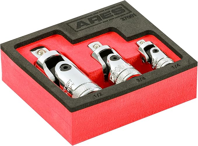 ARES 37001-3-Piece Universal Joint Socket Set - Includes 1/4-Inch, 3/8-Inch, and 1/2-Inch Drive U-Joints - EVA Foam Holder