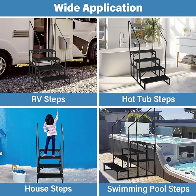 RV Steps with Dual Handrails, 4 Step Spa Hot Tub Steps with Anti-Slip Pedals, 400lbs Load Capacity, Universal Portable Mobile Home Stairs Steps for 5th Wheel RV, Spa, Porch, Pool, Travel Trailers