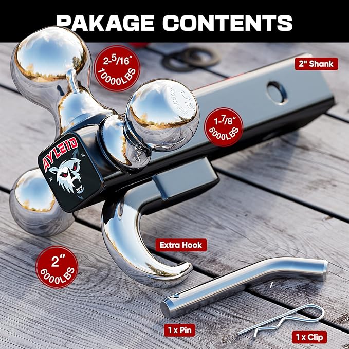 Ayleid Trailer Hitch Tri-Ball Mount with Hook & Pin Balls Sized 1-7/8, 2 & 2-5/16 inches, Tow Hitch, Silver