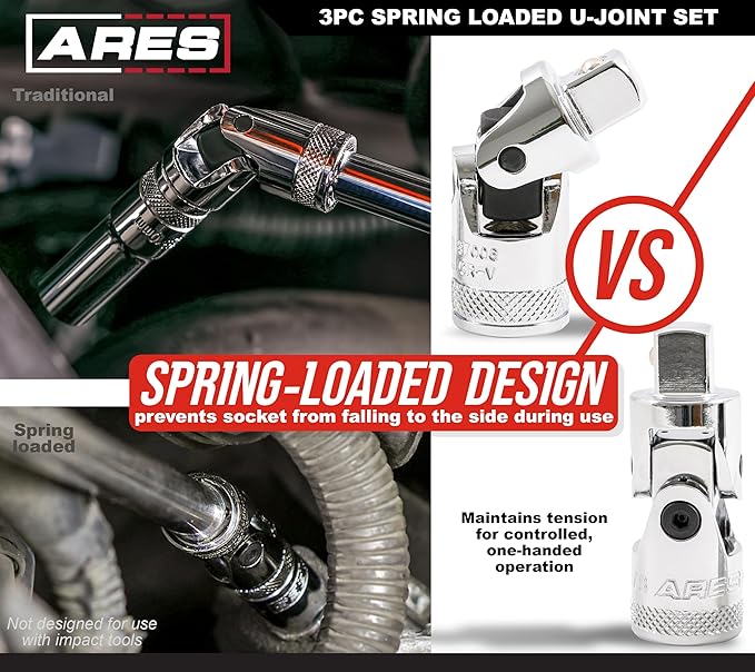 ARES 37000-3-Piece Spring Loaded Universal Joint Set – Spring Loaded Tension Keeps U-Joint In Position at Odd Angles - 1/4-Inch, 3/8-Inch, and 1/2-Inch Drive