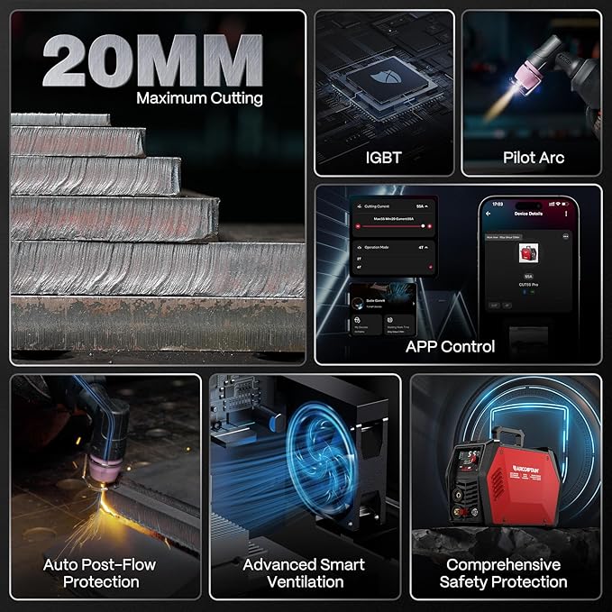 ARCCAPTAIN iControl CUT55 Pro Plasma Cutter, [APP Control] 55 Amp Non-Touch Pilot Arc 120V/240V Plasma Cutter Machine, Large LED Display and 2T/4T, 3/4 inch Maximum Cut, DC Inverter IGBT