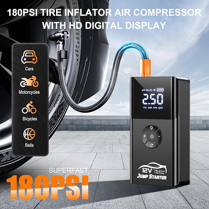 Jump Starter with Air Compressor, 8000A 180PSI, Portable Car Battery Jump Starter (All Gas/12L Diesel) 12V Automobile Jump Box Pack Chargers with Jumper Cables, 4-Mode LED Lights (Black)