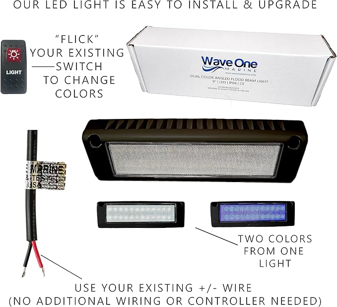 Wave One Marine Dual Color 9" LED Exterior Porch Patio Angle Light | 12v Volt 2400 Lumen Fixture Replacement Lighting RVs Boat Travel Trailer Camper RV Awning Outdoor (Black Housing, White | Blue)