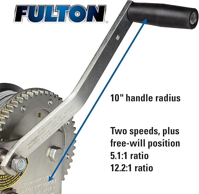 Fulton 142420 Trailer Winch, Two-Speed, 3,200 lbs. Capacity, No Strap, 10 Inch Handle, Silver
