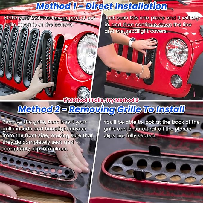 Front Grille Mesh Inserts & Headlight Cover for Jeep Wrangler JK JKU Sport Freedom Rubicon Sahara Unlimited 2007-2018 Exterior Accessories Clip-in Grille Guard Headlight Bezels Trim (Matte Blue)