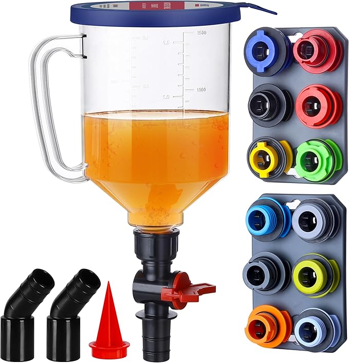 SMART JERRY - Spill-Proof Engine Oil Funnel Kit｜Oil Change Funnel w/ 12 Adapters & 2 Magnetic Adapter Organizer Boards｜Transparent Body w/Scale & Shut-Off Valve｜Universal Fit