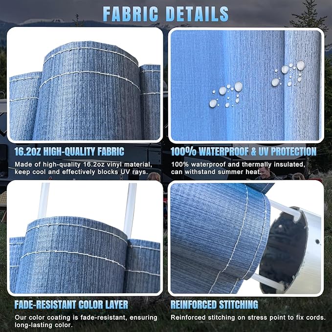 RV Awning Fabric Replacement,Camper Trailer Motorized Awning Replacement for Motorhome,Heavy Duty Weatherproof 18.5oz Outdoor Vinyl RV Canopy 12'(Fabric 11'2") Blue Fade