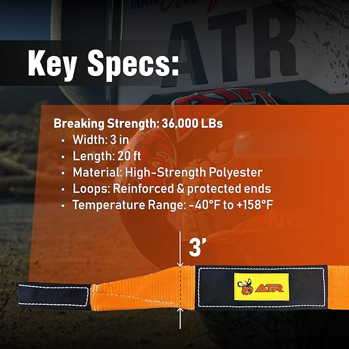 ATR Recovery Tow Strap 3″ x 20 ft – 22,200 lbs Breaking Strength, Heavy Duty Off-Road Recovery Strap for Truck, Jeep, SUV, Snatch Strap with Storage Bag – ATR USA