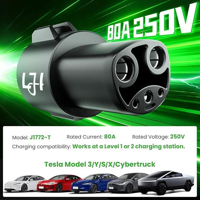 J1772 to Tesla Charger Adapter - 80A 250V Fast Charging - Compatible with Tesla Model 3/Y/S/X/Cybertruck for Level 1 & 2 EV Charging Stations