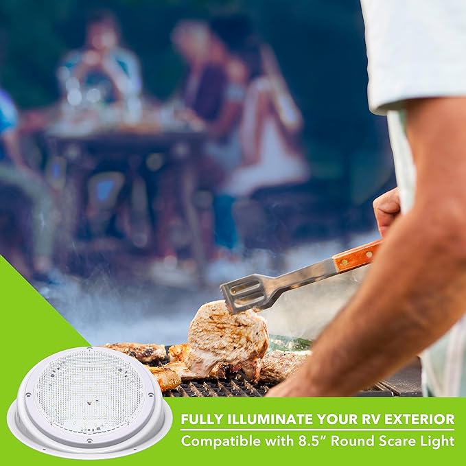 RV Trailer Camper 5th Wheel White 8.5" Round Scare Porch 12V LED Light 600 LM with Angled Bezel (LED Light with Angle Bezel)