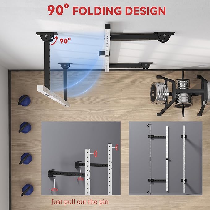 Soozier Folding Squat Rack with Adjustable Pull-Up Bar, 1000 Pounds Capacity Wall Mounted Power Rack, Adjustable Barbell Rack with J Hooks for Home Gym Full Body Workout