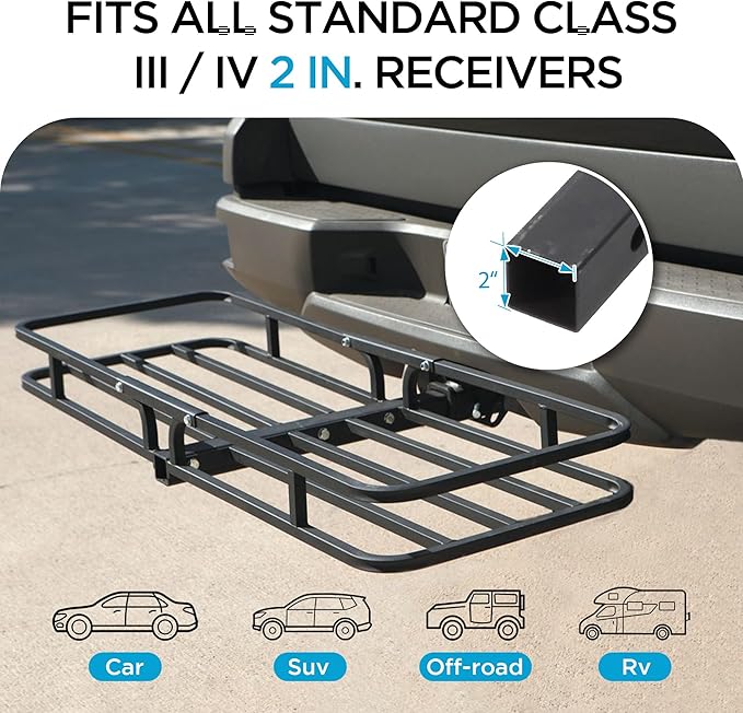Rockland Heavy Duty Steel Cargo Carrier, 500 LBS, 53.5" x 19.5" x 4", Hitch Mount for 2" Receivers, Compatible with Class III & IV, Heat-Resistant, Durable, Easy Assembly