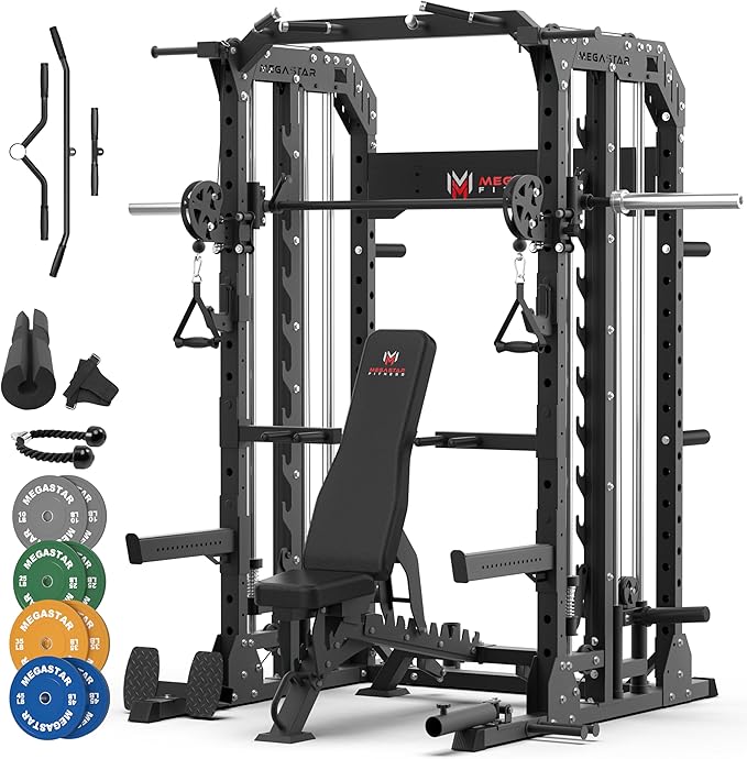 Smith Machine for Home Gym - 2000lbs Capacity All-in-One Power Rack with Cable Crossover, Pull-Up Bar & Dip Station, Includes 18 Attachments, P107 Anvil