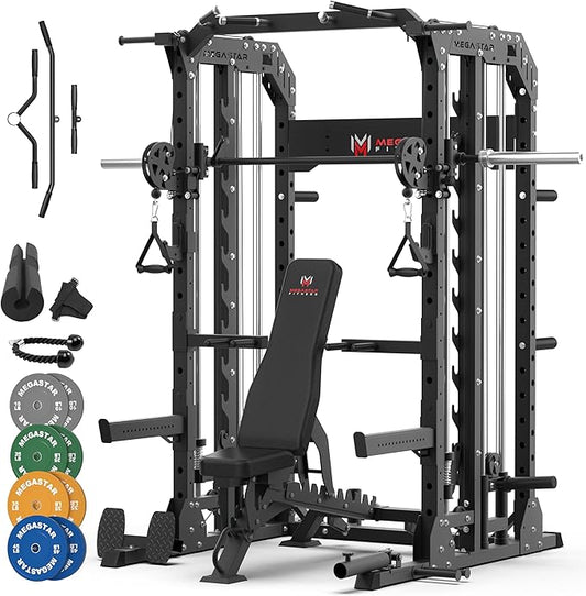 Smith Machine for Home Gym - 2000lbs Capacity All-in-One Power Rack with Cable Crossover, Pull-Up Bar & Dip Station, Includes 18 Attachments, P107 Anvil