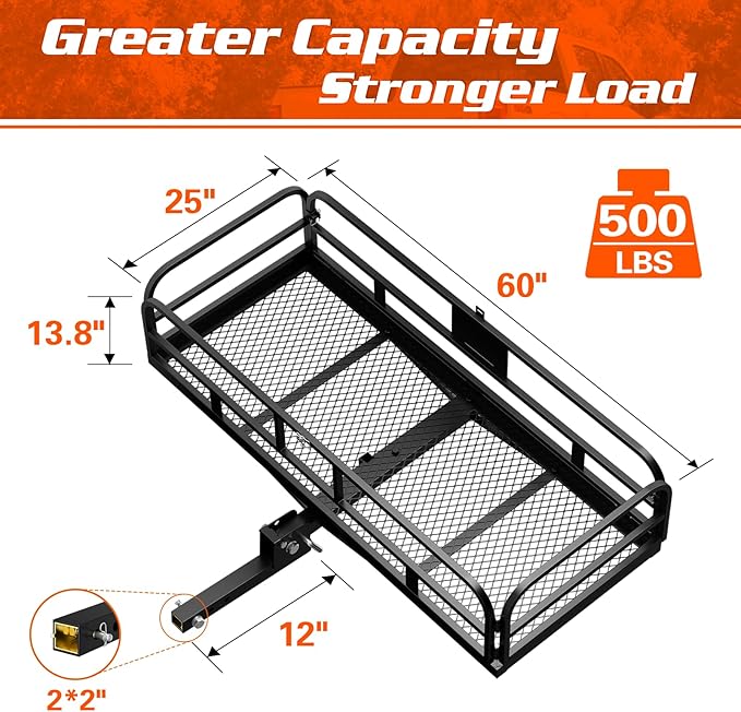 Wildroad Hitch Cargo Carrier with Bike Rack 60" x 24" x 14" Folding Trailer Hitch Cargo Carrier 500 LBS Capacity for Standard, Fat Tire and Electric Bike Fits 2" Receiver 60" Basket+Bike Rack