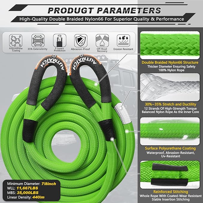 AUTMATCH Kinetic Recovery Tow Rope 7/8" x 30FT - Heavy Duty Energy Recovery Tow Rope 35000Lbs, 35% Elasticity Offroad Snatch Strap for 4x4 Off-Road Vehicle, Truck, Trailer, ATV, UTV, Green