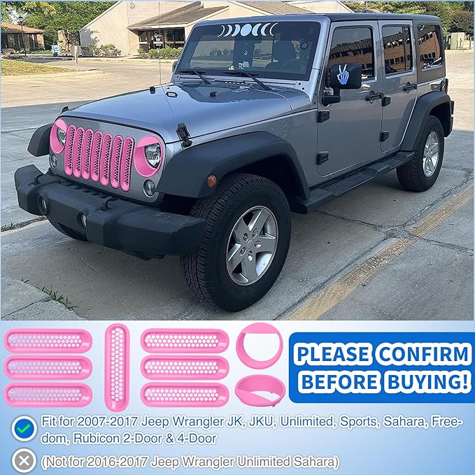 Nilight Grill Inserts fit for Jeep Wrangler Front Grille Mesh Inserts & Headlight Cover Set for JK JKU Unlimited Sports Sahara Freedom Rubicon 2007-2018 Clip-in Trim Exterior Accessories Pink 9 Pcs