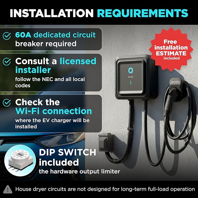 EVIQO EV Charger Level 2 48 Amp - Level 2 EV Charger Hardwired, 240V Electric Vehicle Charging Stations, J1772 Chargers 11.5kW, Wall EV Chargers for Home, EVSE EV Charging Station 25' Cord - Gen 2