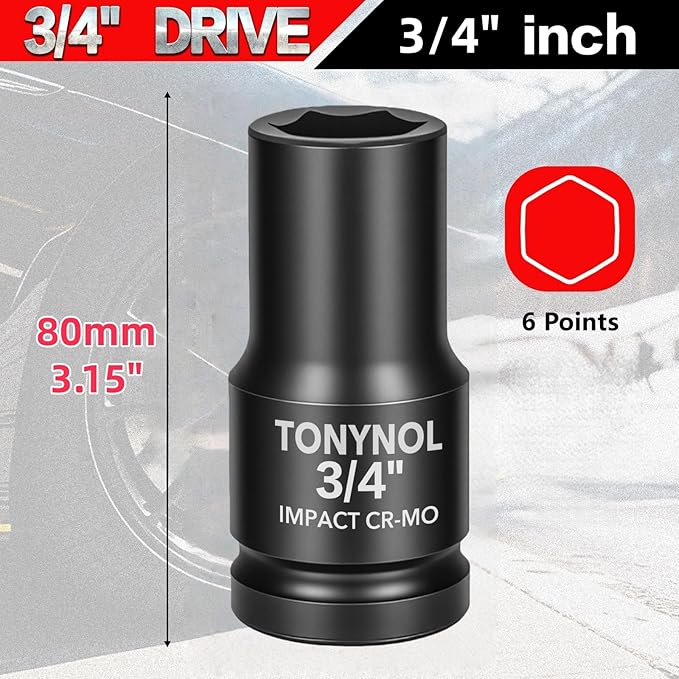 3/4" Inch Drive Deep Impact Socket,6-Point,SAE Size 3/4",80mmL,CR-MO,Heavy-Duty Automotive & Industrial Repair