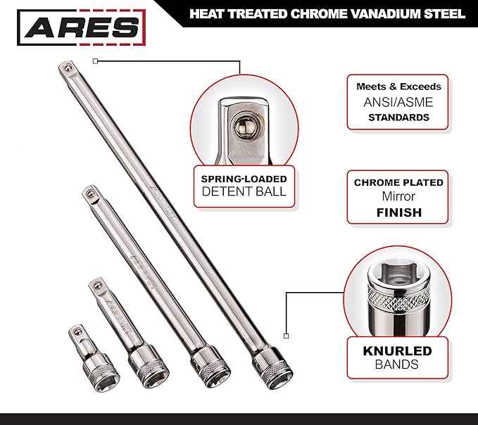 ARES 71270-10-Piece Socket Accessory Set - Premium Chrome Vanadium Steel with Mirror Finish - Includes Socket Adapters, Extensions and Universal Joints