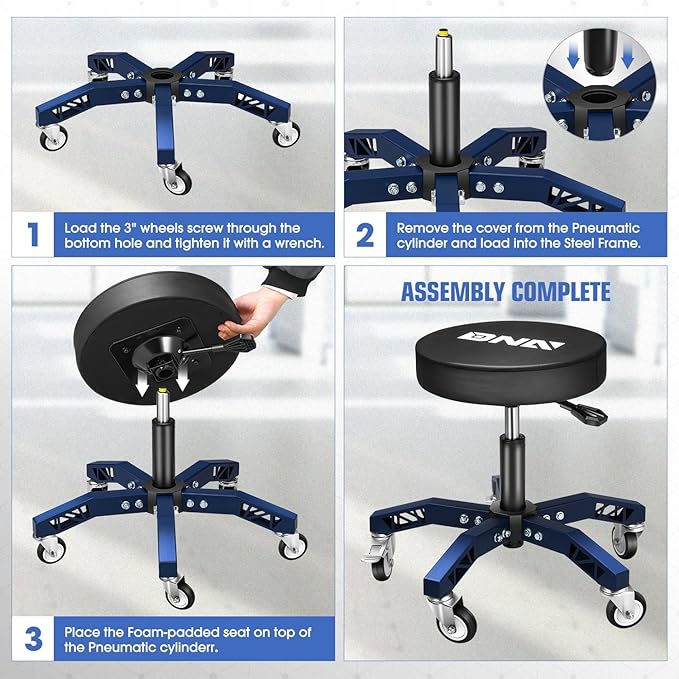 DNA Motoring Rolling Shop Stool, Adjustable Height Padded Rolling Seat, Pneumatic Roller Mechanic Stool for Garages, 300lbs Capacity, TOOLS-00635-BK-BL