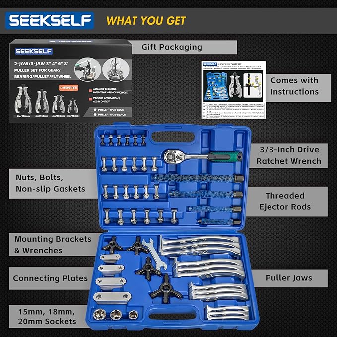 3" 4" 6" 8" Gear Puller Set, 2-Jaw/3-Jaw Bearing Puller Kit with Ratchet Wrench, Heavy Duty Pulling Tool, Reversible Jaw for Internal External Flywheel Gear Pulley Bearing Rotor Removal