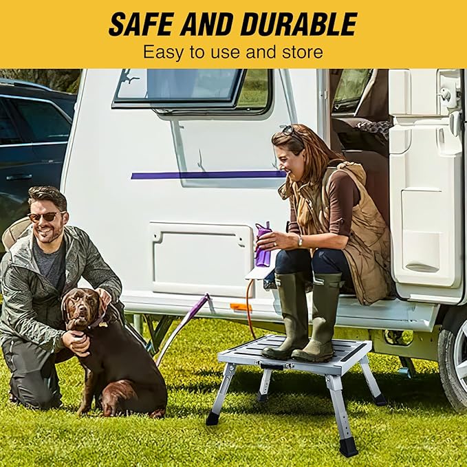 Nilight RV Step Stool Aluminum Folding Platform Steps 19x14.5 RV Steps 4 Levels Adjustable Step Stool with Anti-Slip Surface Rubber Feet Handle Supports Up to 500lbs for Camper Travel Trailer, Silver