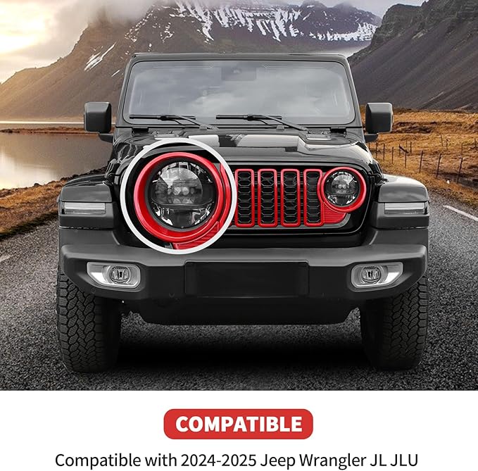Front Grille Grill Insert+Headlight Turn Light Cover Trim Compatible with 2024-2025+ Jeep Wrangler JL JLU & Gladiator JT Exterior Accessories,Not Fit for JL Sport & Sports (Red)