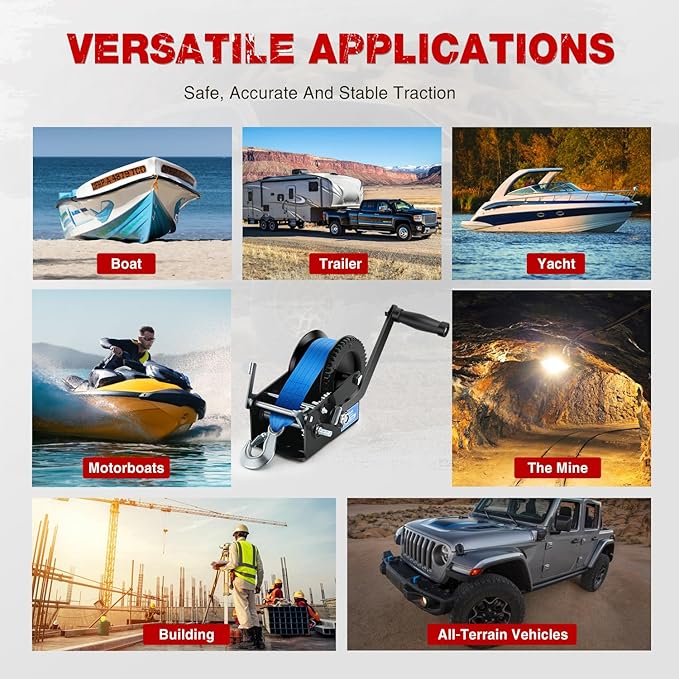 Nilight Boat Trailer Winch 3500 LBS Hand Crank Winch Heavy Duty Boat Winches with 33 FT Blue Strap Rope Hook Two Way Ratchet 4:1 8:1 Gear Portable Marine Manual Winch for Trailers Boat RV ATV Towing