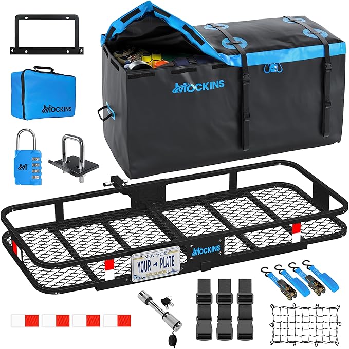 Mockins 60"x24"x6" Folding Trailer Hitch Cargo Carrier w/ 25 CuFt. Soft Vinyl Waterproof Cargo Bag for Hitch Carrier | 500 Lbs. Capacity Set w/License Plate Holder, Stabilizer, Locks, Straps, & Net