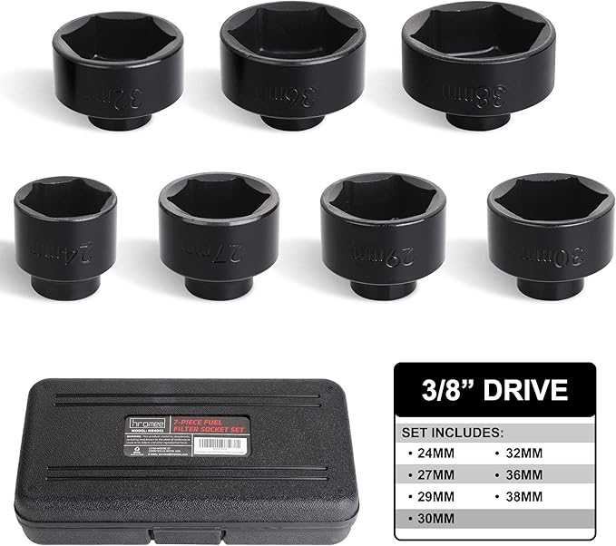 Hromee Fuel Filter Cap Removal Tool and Installer 7 Pieces Low Profile Oil Canister Socket Set 24mm 27mm, 29mm, 30mm, 32mm, 36mm and 38mm