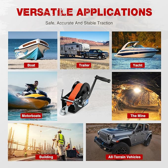 Nilight Boat Trailer Winch 3500 LBS Hand Crank Winch Heavy Duty Boat Winches with 33 FT Orange Strap Rope Hook Two Way Ratchet 4:1 8:1 Gear Portable Marine Manual Winch for Trailers Boat RV ATV Towing