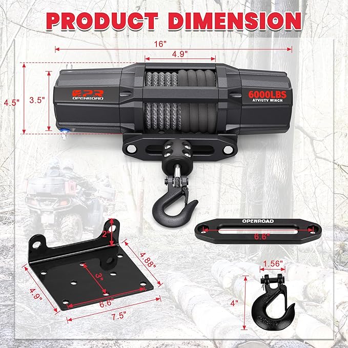 OPENROAD 6000 lbs UTV Winch, Waterproof IP67 Electric Trailer 6k Winch with 1/4"×50ft Synthetic Rope,Wireless Remote and Winch Stopper (6000lb with Mounting Plate)