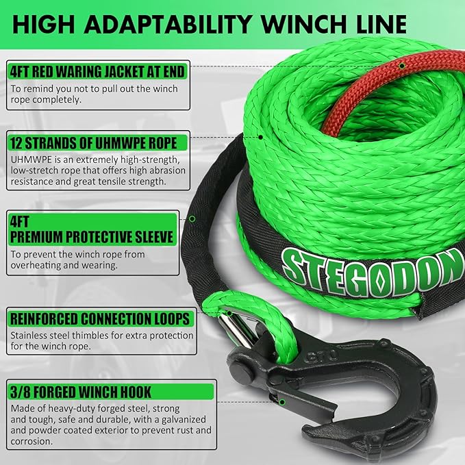 Synthetic Winch Rope, 3/8'' x 85ft 25,000LBS Synthetic Winch Line 3/8 Winch Cable Replacement Synthetic Rope with Forged Winch Hook for 4WD Off Road Vehicle SUV Truck(Green)
