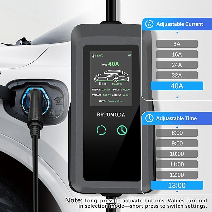 Portable Level 1&2 EV Charger, 40 A, 110V-240V, NEMA14-50 Plugand NEMA 5-15 Adapter, 25ft Cable, Adjustable Current, Delay Timer, Compatible with All J1772 Electric Cars(Tesla Need Adapter)