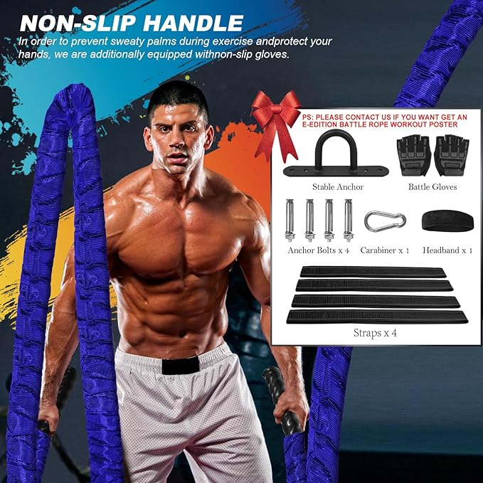 Battle Ropes for Home Gym 1.5Inch Diameter 30FT Lengths Workout Heavy Battle Ropes for Exercise Training Weighted Ropes, Working Out Exercise Equipment with Protective Cove - Blue