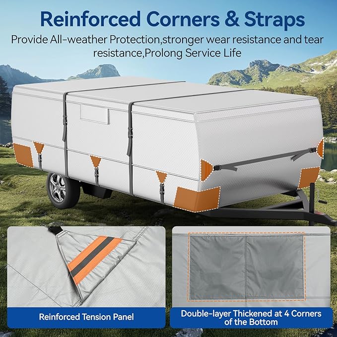 Oxford Fabric Pop Up Folding Camper Cover 12'-14' Super Waterproof Tear-Resistant Anti-UV Tent Trailer Cover for Winter Snow with Reinforced Corners, 5+2 Windproof Straps, Storage Bag