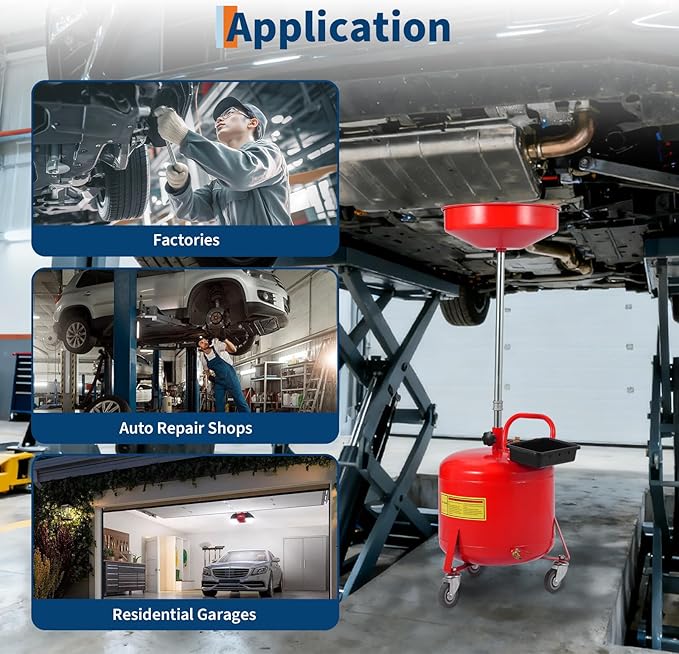 8 Gallon Waste Oil Drain Tank Portable Air Operated Oil Drainer with Adjustable Funnel Height 28 to 62 Inches 15 Inch Funnel Fluid Fuel Transfer Drain Container with 360 Degree Wheels and Toolbox Red