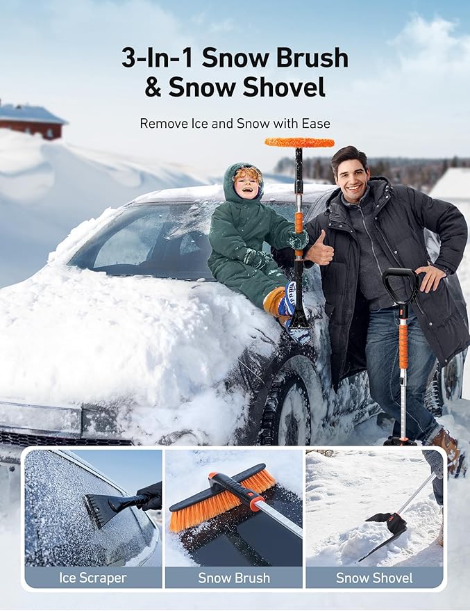 AstroAI 2" 1 Ice Scraper & Snow Shovel Kit, 47.2" Ice Scrapers for Car Windshield and 360° Pivoting Snow Brush, Extendable Snow Shovel with Foam Grip for Car, Trucks, SUVs, Vehicles（Orange）