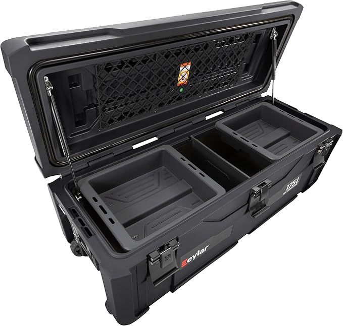 SRX-175 Overlanding Cargo Case – 175L Waterproof Storage Box for Camping, Off-Road & Truck Bed Gear – Heavy-Duty Lockable Storage with Gas Strut Lid, Stackable Design & Interior Organizer Tray (Black)